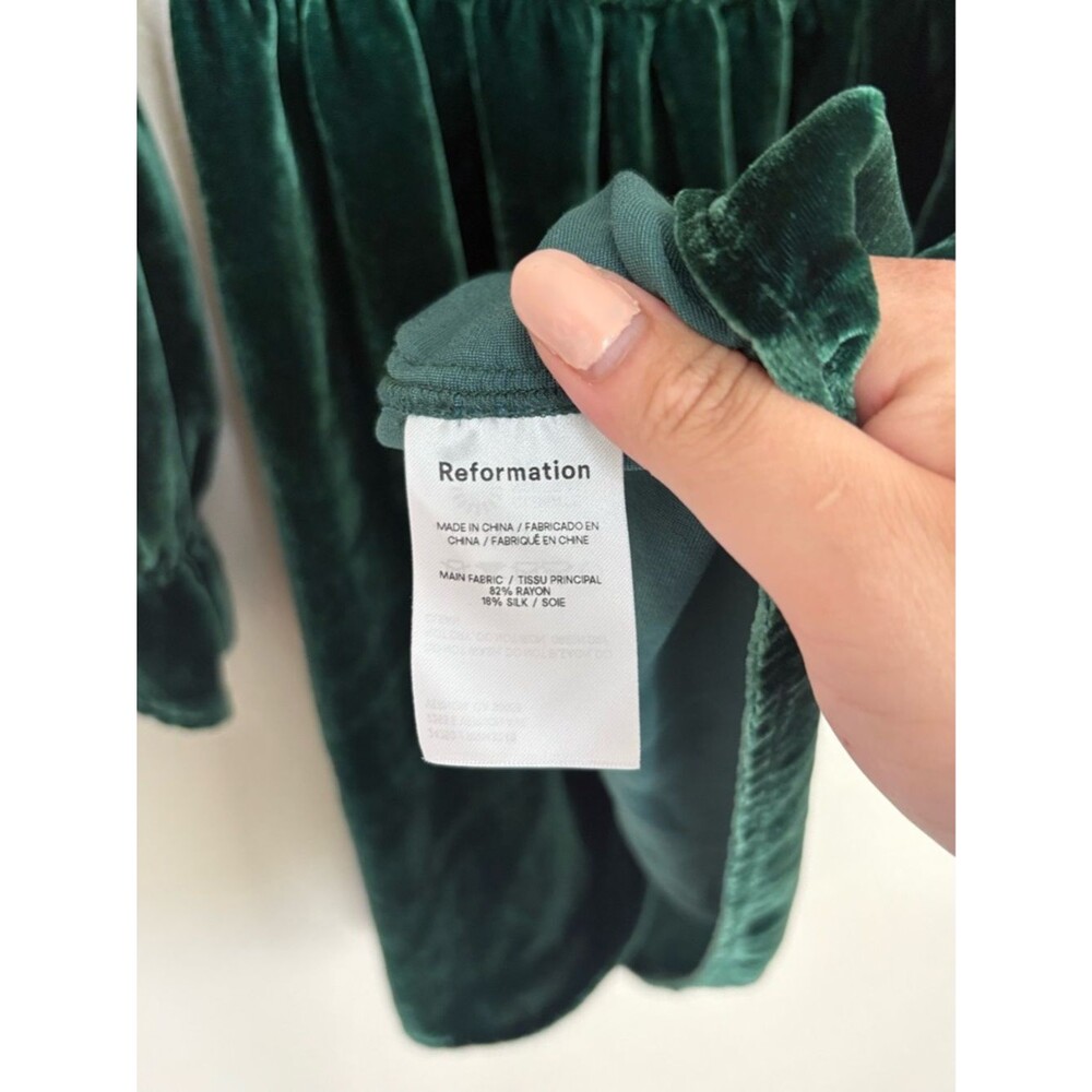 Reformation Albi Velvet Mini Dress Emerald Green Smocked Puff Sleeve Small - Picture 6 of 8